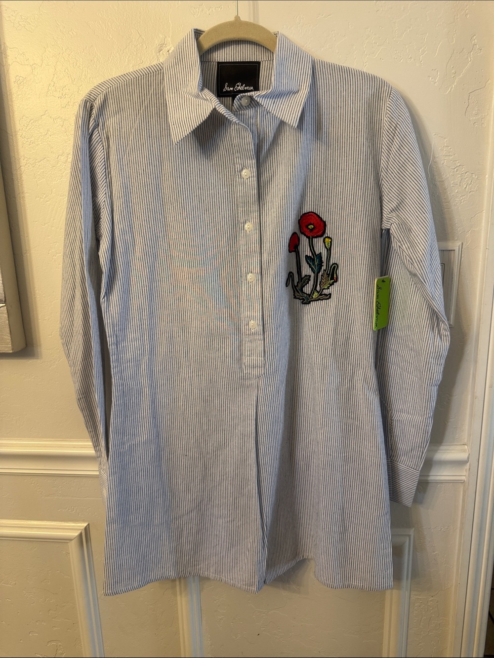 NWT Sam Edelman Light Blue Striped Button-Down Shirt with Red Floral Embroidery